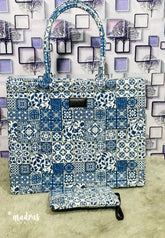 MS7 Quilted European-Style Laptop Bag – Blue Tile Print